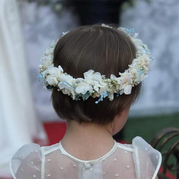 Coronas de flores preservadas y diademas de flores para niña